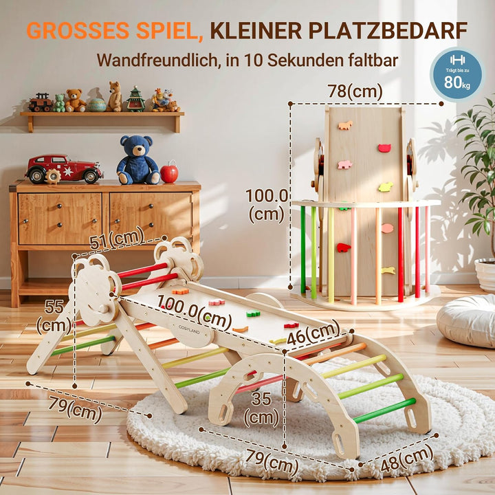 COSYLAND 8-in-1 Klettergerüst Indoor L – Grosses Kletterdreieck Set mit Kletterbogen & Rutsche – War