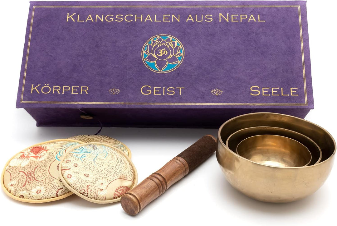 Körper-Geist-Seele-Box mit 3 feinen Klangschalen für das Herz-Chakra, das Stirn-Chakra und Kronencha