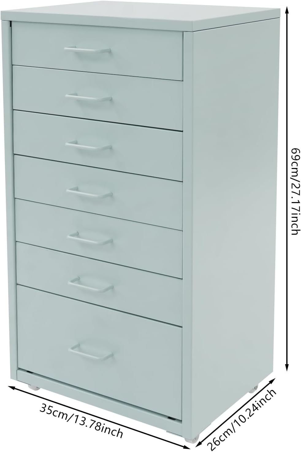 Metall Rollcontainer mit 7 Schubladen, Mobiler Aktenschrank, Büroschrank mit Rädern, Rollschrank Sch