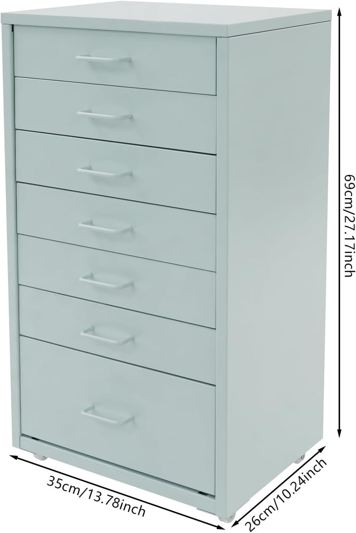 Metall Rollcontainer mit 7 Schubladen, Mobiler Aktenschrank, Büroschrank mit Rädern, Rollschrank Sch