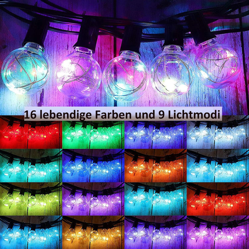 StarryEver LED Lichterkette Aussen Bunt, Erweiterbar 30+2 Glühbirnen Lichterkette Aussen Strom, 16 F