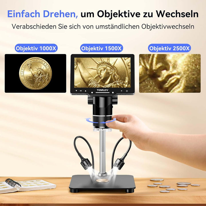 TOMLOV TriL107 3 Objektiv Mikroskop Digital: 7" 2K IPS HDMI 2500X Münzlupe für Ganzmünzansicht mit 1