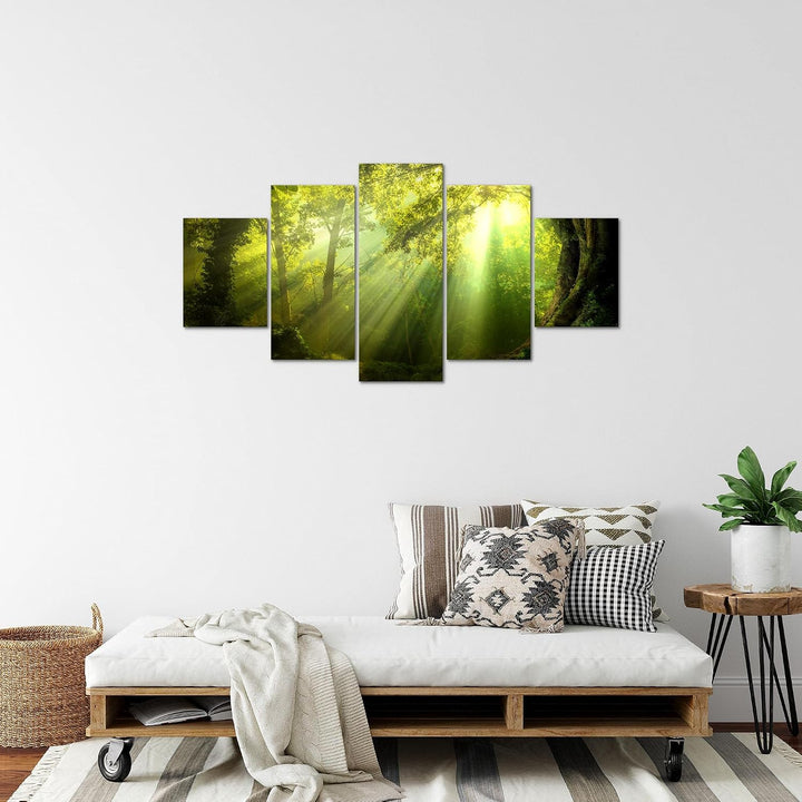Runa Art Bild Schlafzimmer Wohnzimmer Wald Landschaft 5 Teilig Sonne Grün Wandbilder auf Vlies Leinw