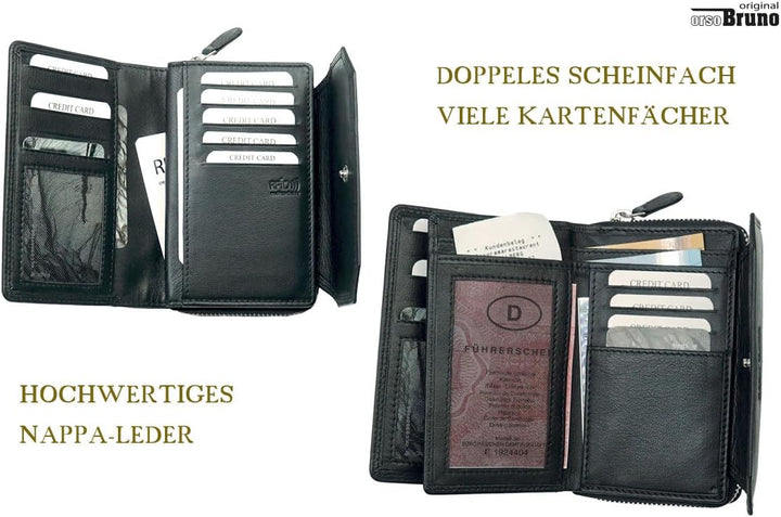 Damen Portemonnaie schwarz gross Leder Damen Geldbörse schwarz Geldbeutel mittel-gross Damengeldbörs