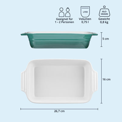 KHG Auflaufform mittelgross 26 cm mit 0,75 Liter in Türkis für 1-2 Personen | Ofenform aus Keramik S