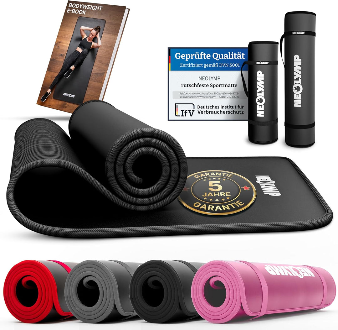 NEOLYMP extra dicke und rutschfeste Fitnessmatte mit Fitness E-Book und Tragegurt - Pilatesmatte, Yo