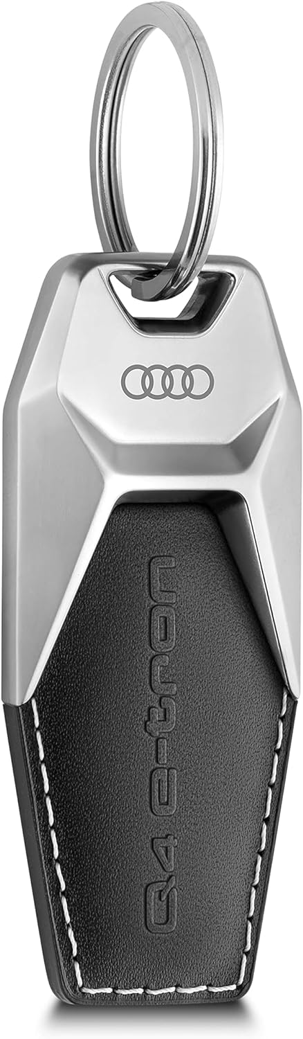 Audi 3182100301 Schlüsselanhänger Q4 e-tron Metall Leder Anhänger Keyring Gravur, schwarz/silber, Ei