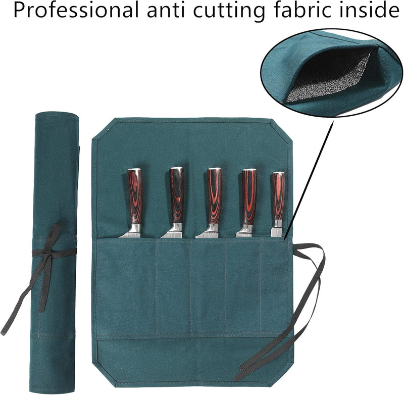 Denifiter Messer-Rolltasche für Köche, tragbarer Messerkoffer mit schnittfestem Material (Dunkelgrün