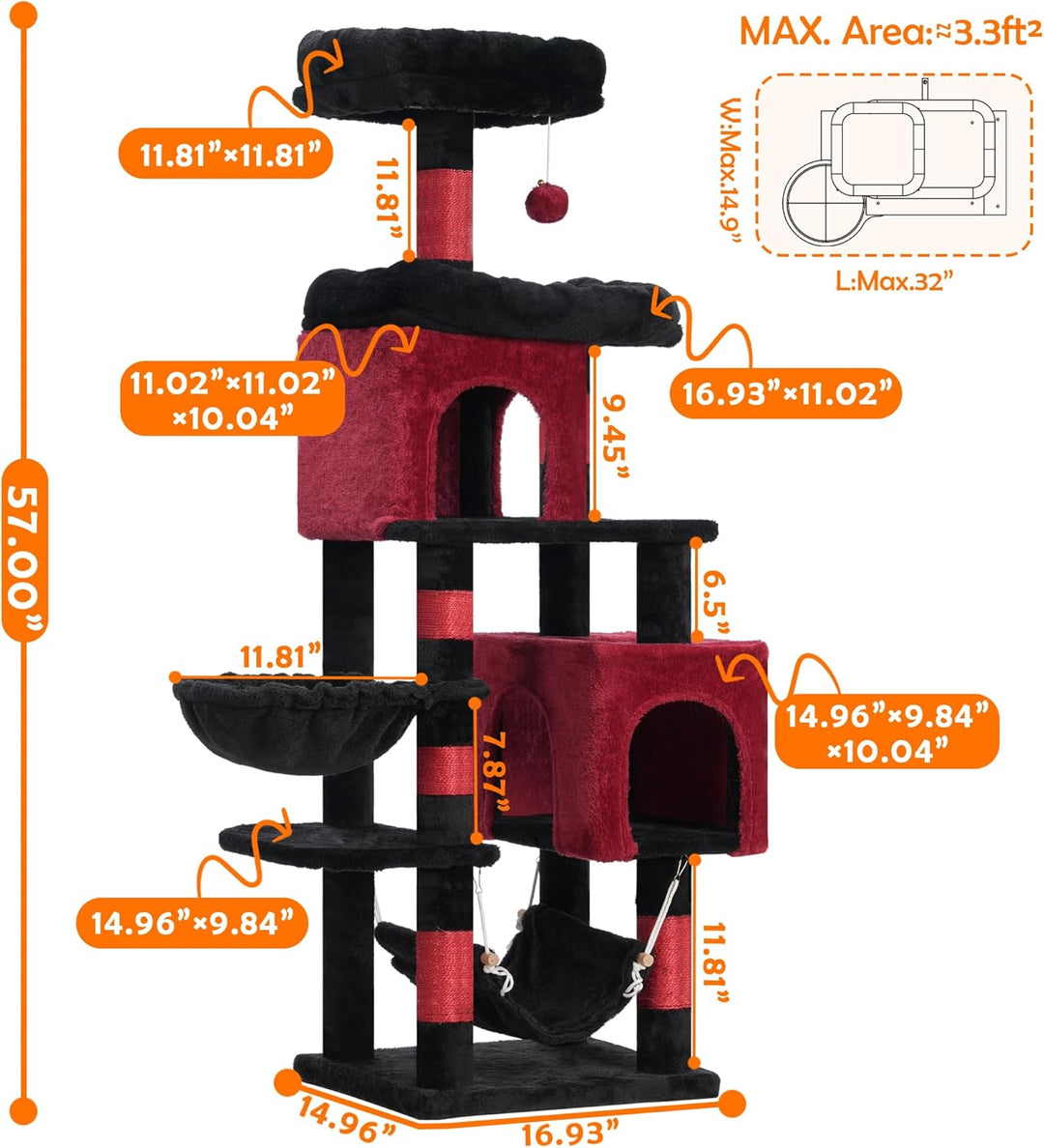 Heybly Kratzbaum, 145 cm Hoher Mehrstöckiger Kratzstamm-Kletterturm, Mit 2 Grossen Plattformen, 2 Gr