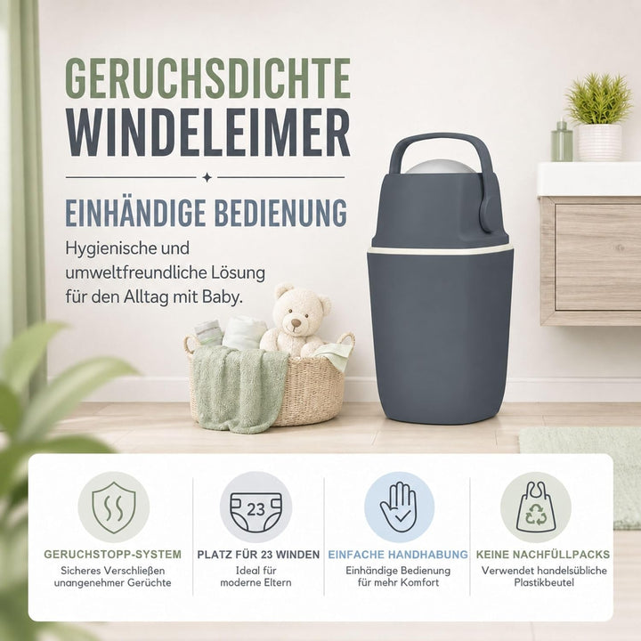 AirWell Windeleimer Geruchsdicht &amp; Windel Blaubaer - Wickeleimer, mit Geruchsstopp-System, Einhändig
