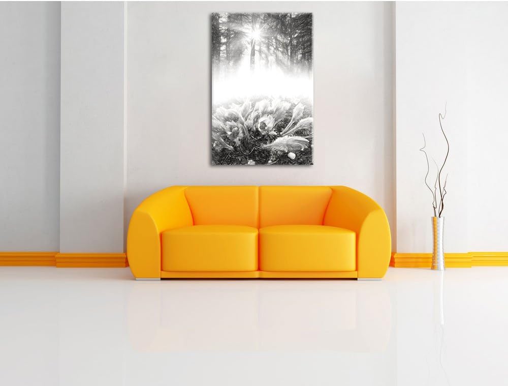 Pixxprint blühende lila Blumen im Wald Kunst Kohle Effekt, Format: 100x70 auf Leinwand, XXL riesige