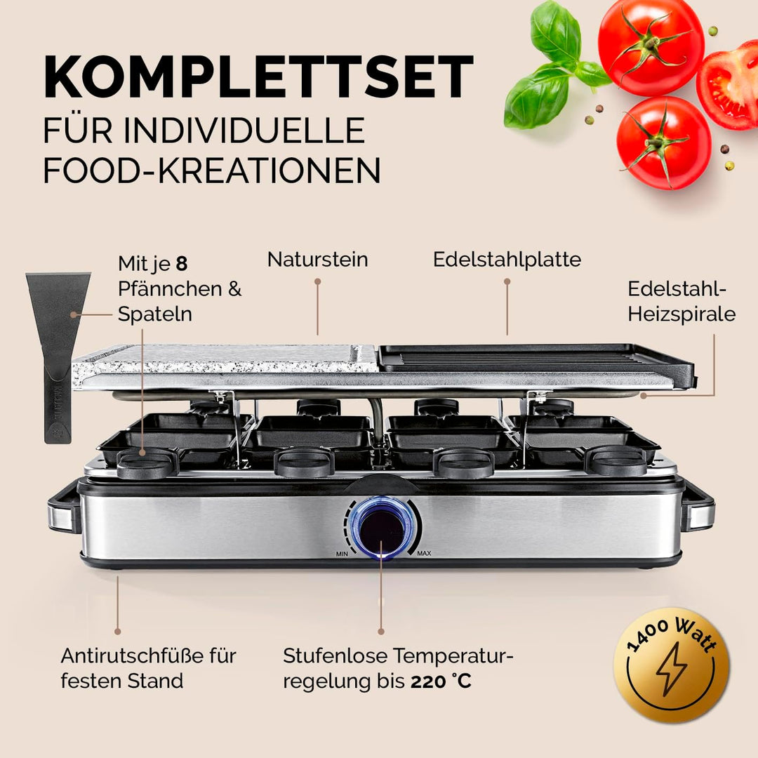 GOURMETmaxx 2-in-1 Raclette Set 8 Personen | Raclette mit Steinplatte und Aluminiumplatte inkl. 8 Pf