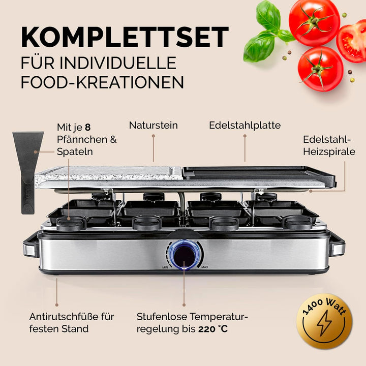 GOURMETmaxx 2-in-1 Raclette Set 8 Personen | Raclette mit Steinplatte und Aluminiumplatte inkl. 8 Pf
