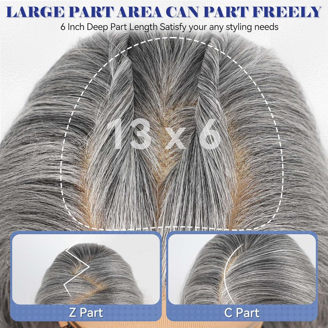 HAIRCUBE 13x6 HD Synthetische Lace-Front-Perücke, 24 Zoll lange graue, lockige, geschichtete Perücke