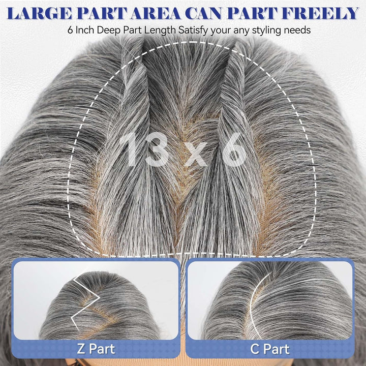 HAIRCUBE 13x6 HD Synthetische Lace-Front-Perücke, 24 Zoll lange graue, lockige, geschichtete Perücke