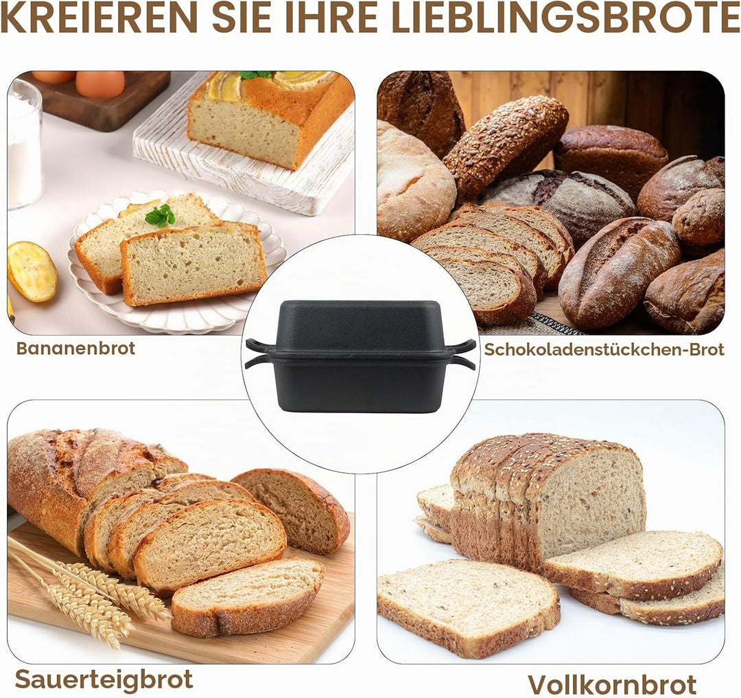 2-in-1Gusseisen Bräter mit Deckel, 23 × 13 cmBrotbackform mit Doppelgriffen und Deckelgriff rectangu