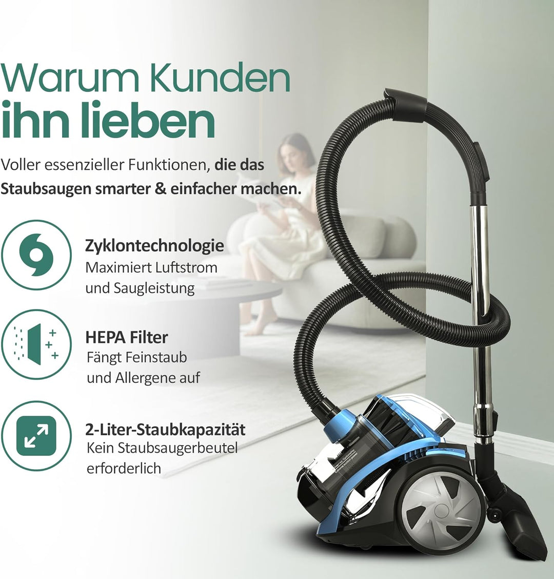 Emerio ECO Zyklon Staubsauger 900 Watt Leistung 2,0 Liter Staubbehälter 7m Aktionsradius HEPA Filter