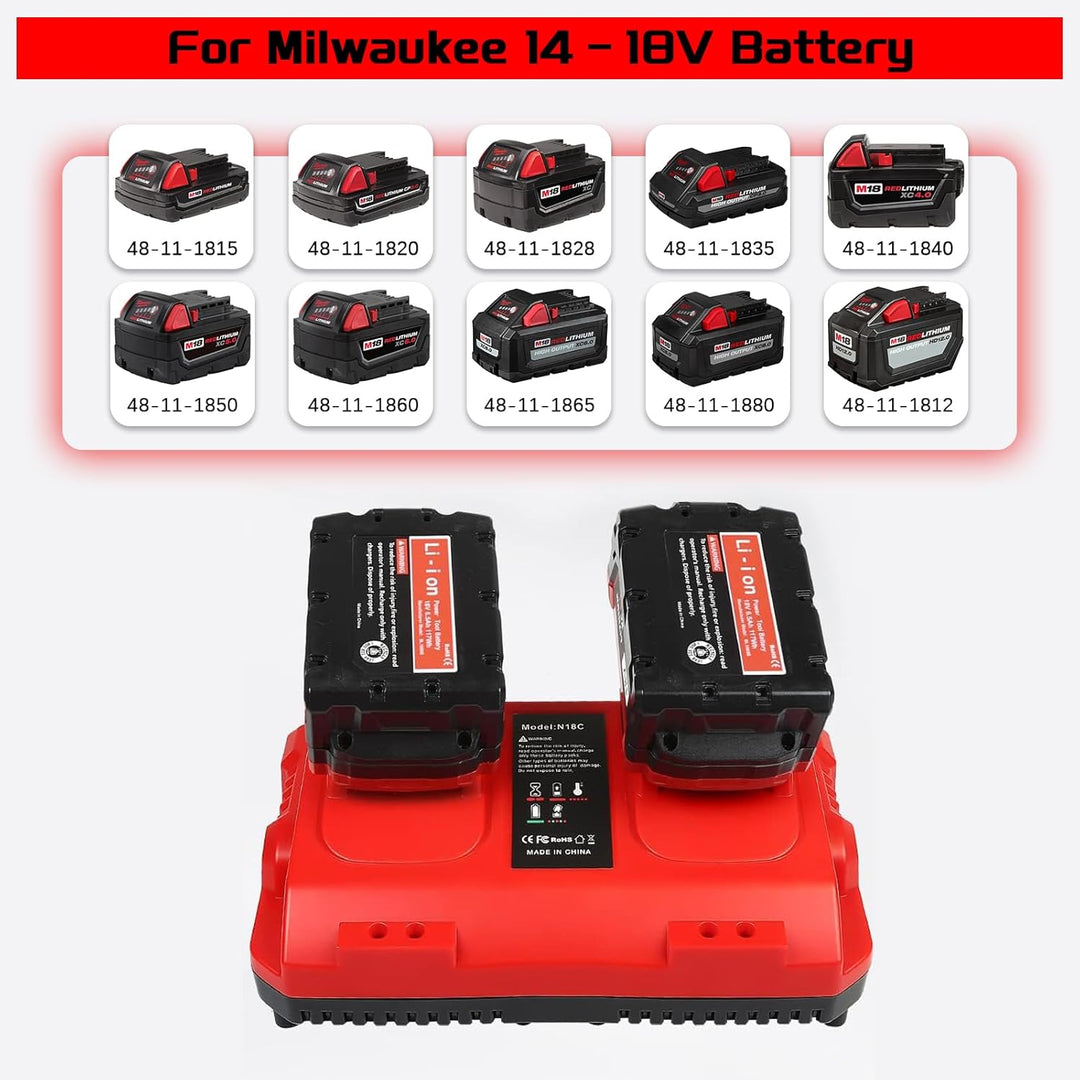 Ersatz Ladegerät Kompatibel mit Milwaukee M18 Akku, 14.4V-18V 4A Dual Port Schnellladegerät mit LED-