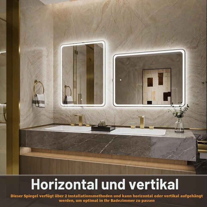 badezimmerspiegel mit Beleuchtung, Sandstrahl-Design led Spiegel Bad, 3 Farbtemperaturen, Dimmbar, E