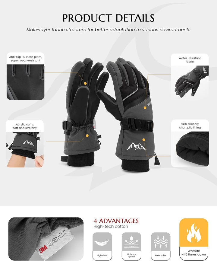 Caracaleap Skihandschuhe Männer Frauen Schnee Handschuhe Winddicht Winter Wasserdicht L Grau, L Grau
