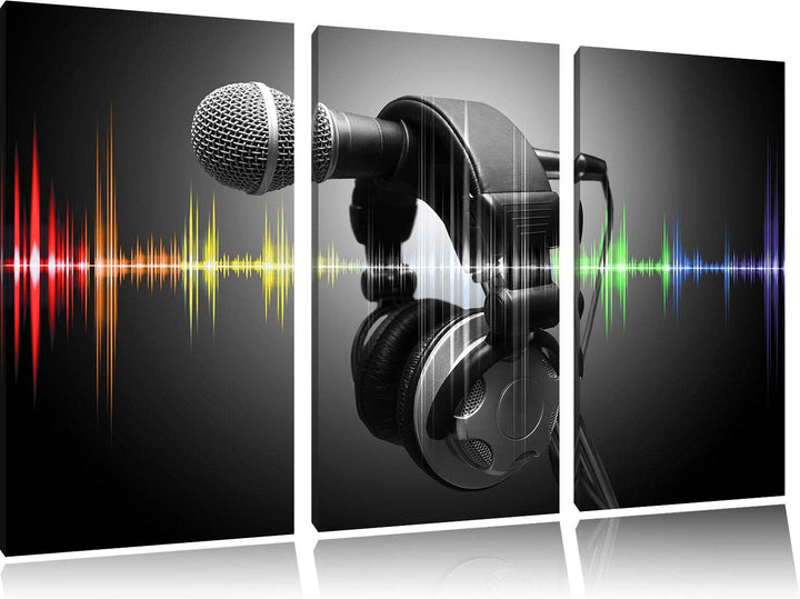 Mikrofon mit Kopfhörern auf Mikrofonständer schwarz/weiss 3-Teiler Leinwandbild 120x80 Bild auf Lein