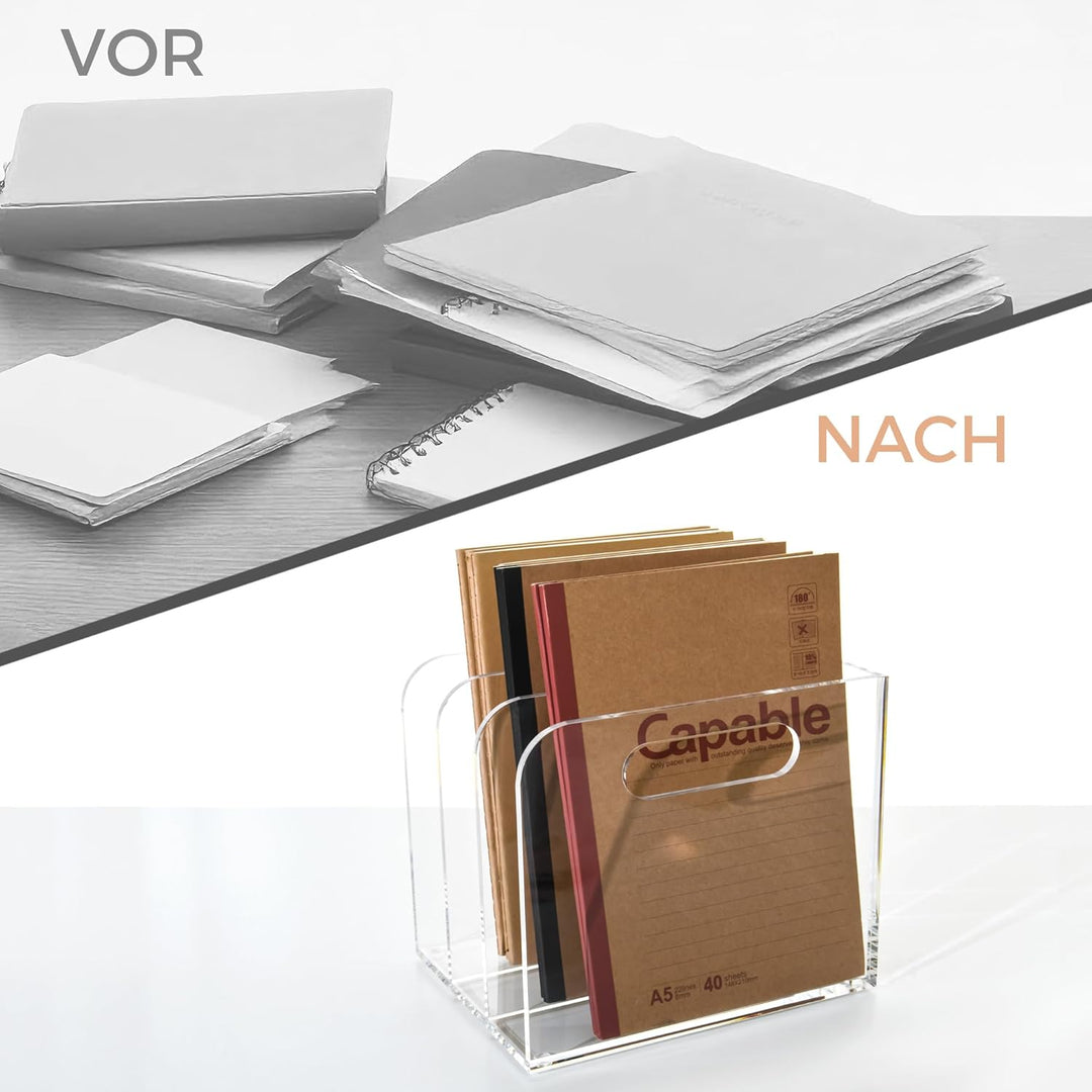 Acryl Stehsammler B5, Zeitschriftenhalter aus Acryl, Aktenmagazinhalter mit 3 Fächer, Schreibtisch-O