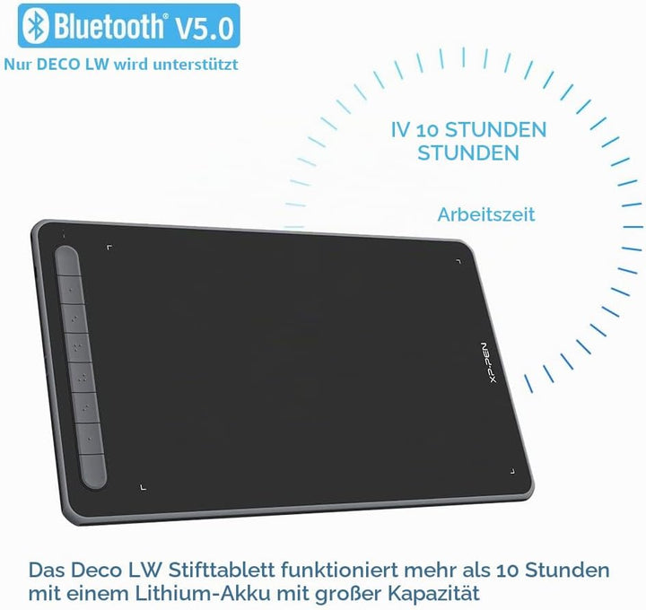 XP-PEN Deco LW Wireless Grafiktablett t 10" x 6" kabelloses Zeichenpad mit X3 Elite Stylus, 60 Grad
