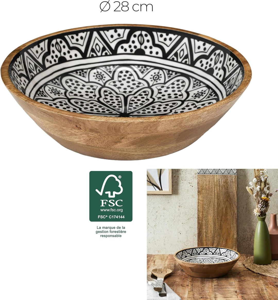 HOME DECO FACTORY, KA0568, Black Dune Mango Wood Salad Bowl, modern and elegant Design, ideal for Sa