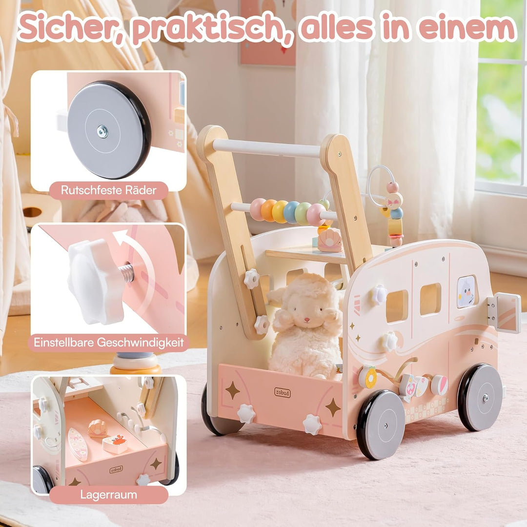 ROBUD Baby Lauflernhilfe Holz, Interaktiver Lauflernwagen, Einstellbare Geschwindigkeit & Höhe Baby