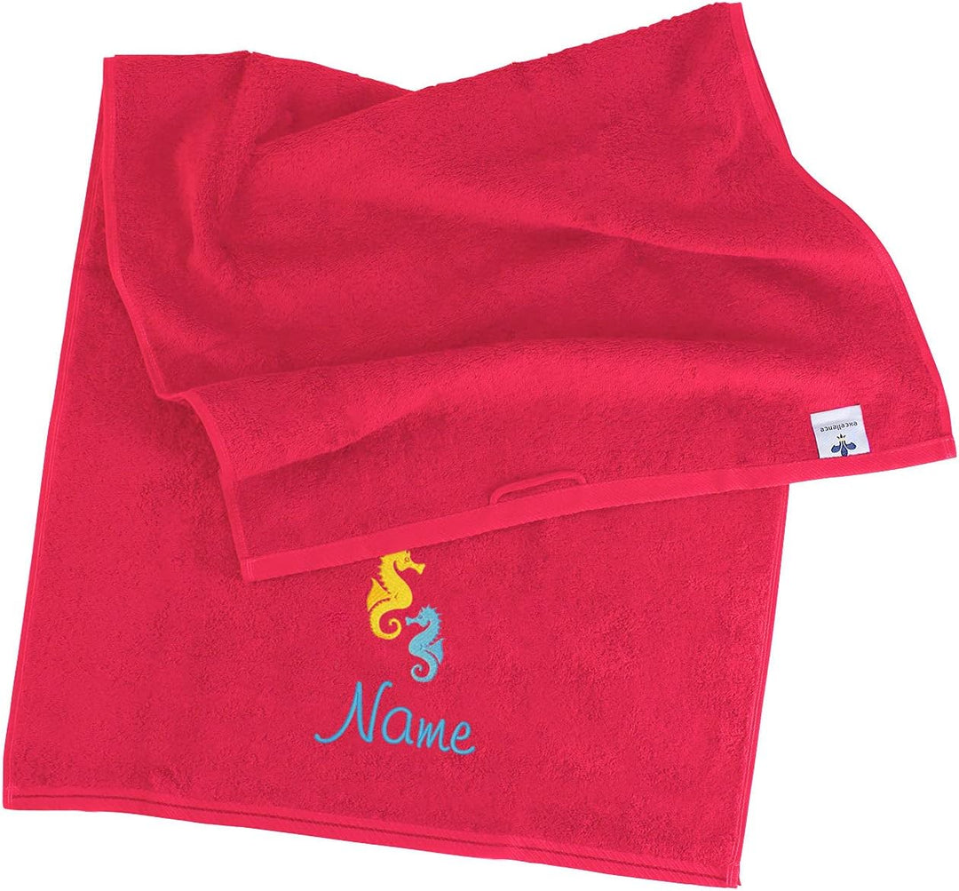 Herz & Heim® Seepferdchen Badetuch mit Name Bestickt, 3 Farben zur Auswahl, 140 x 70 cm Himbeer, Him