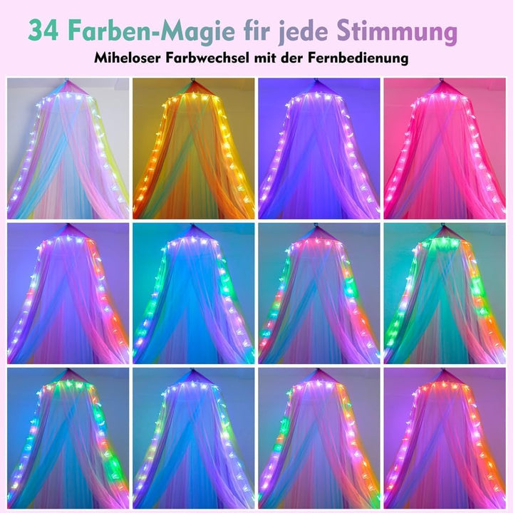 Regenbogen Betthimmel Mädchen mit Schmetterlingen Licht, 34 Farben Himmelbett Vorhänge Farbe wechsel