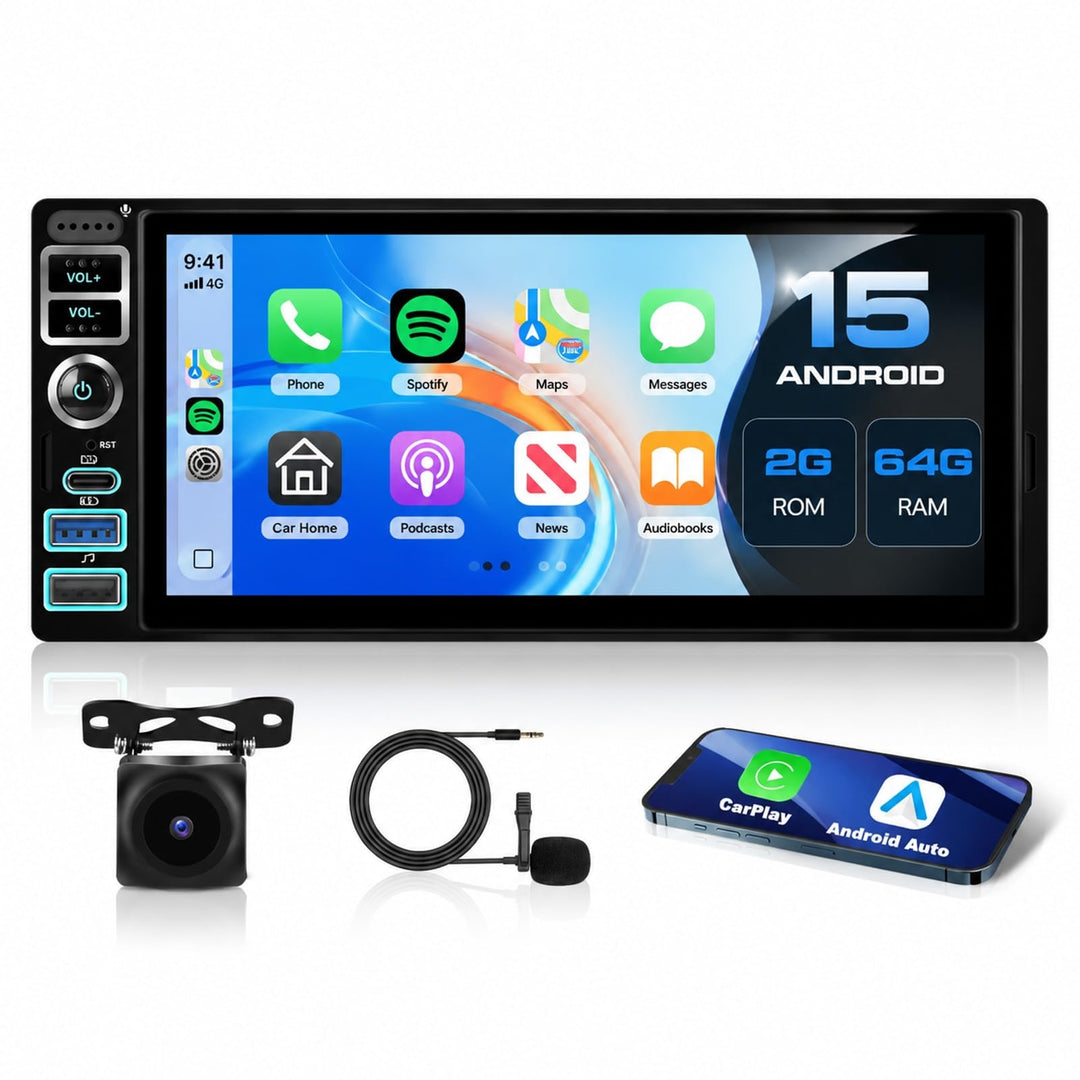 4GB+64GB CarPlay 1 Din Autoradio mit Type-C, 6,9 Zoll IPS Bildschirm mit WiFi GPS Kabellosen Android