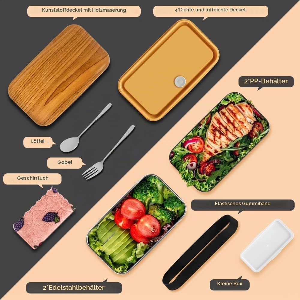 Bento Box im japanischen Stil 2-stufige Lunchbox mit 2 Stück umweltfreundlichem PP-Behälter und Edel
