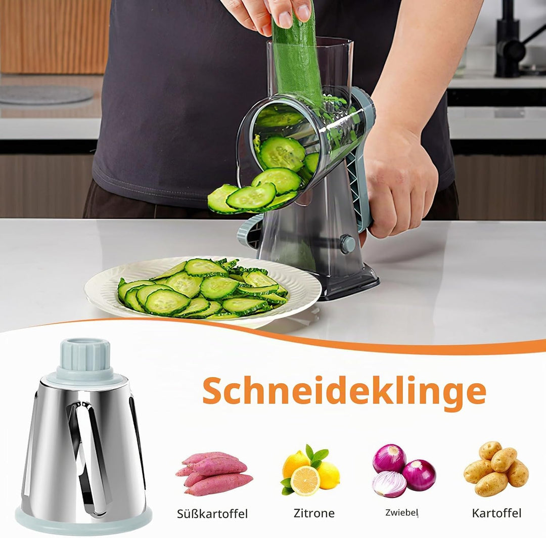 Cheese Grater, Käsereibe mit Kurbel, Trommelreibe, Gemüsehobel Reibe mit 3 Trommelklingen, manuell r