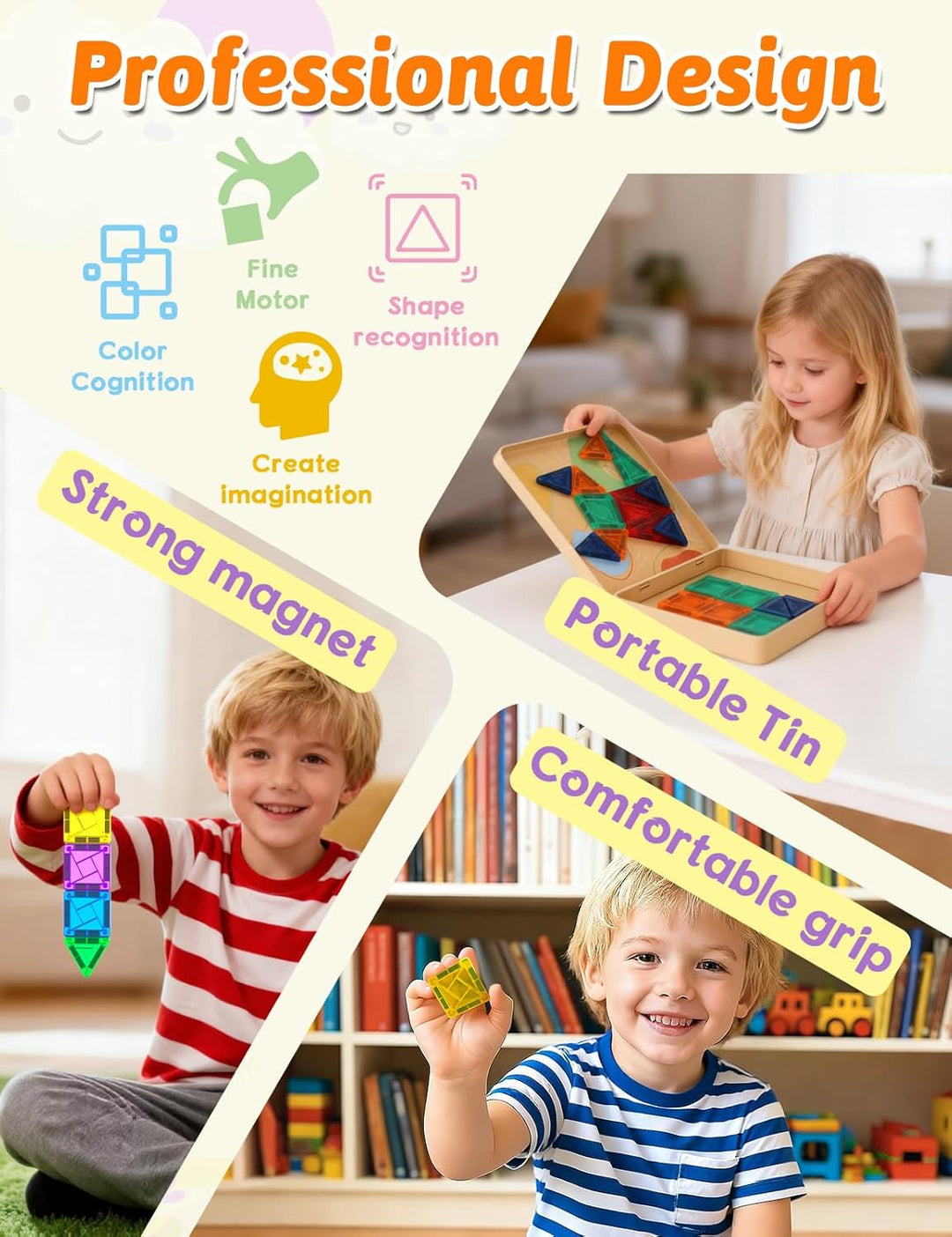 Magnetische Fliesen 60 Stück, Mini Magnetbausteine ReiseSet, Magnetbausteine für Kinder Kreatives Sp