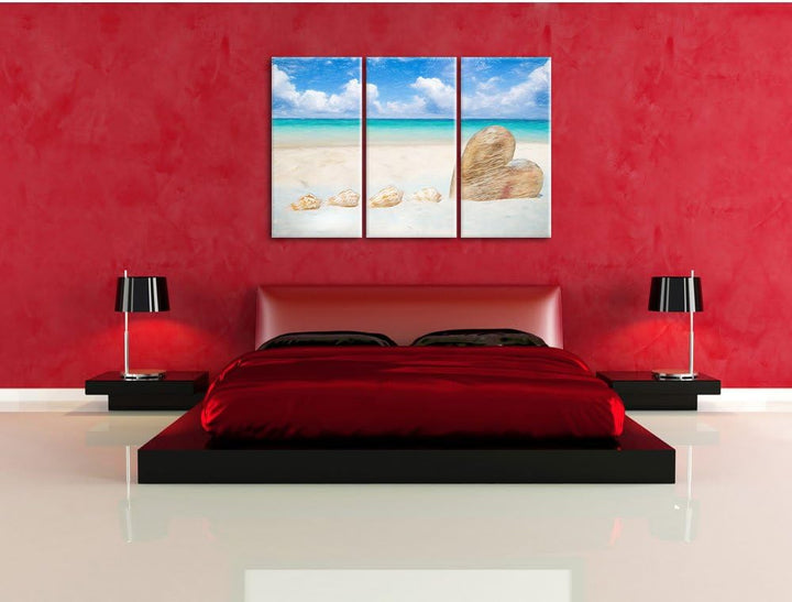 Pixxprint Sandstrand mit Muscheln als Leinwandbild/Grösse: 3 Teilig (120x80) cm/Wandbild/Kunstdruck/