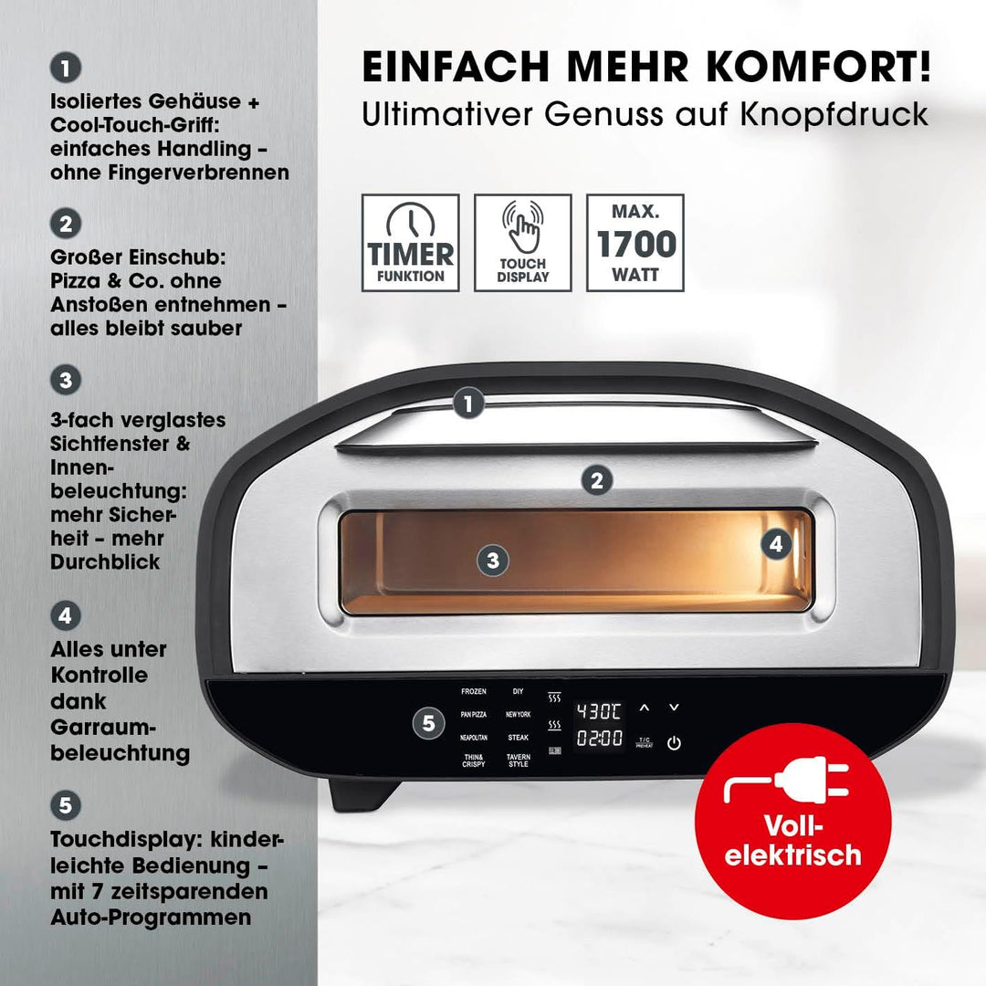 GOURMETmaxx elektrischer Pizzaofen mit Pizzaheber | Touchdisplay, Timerfunktion, 7 Programme & DIY M