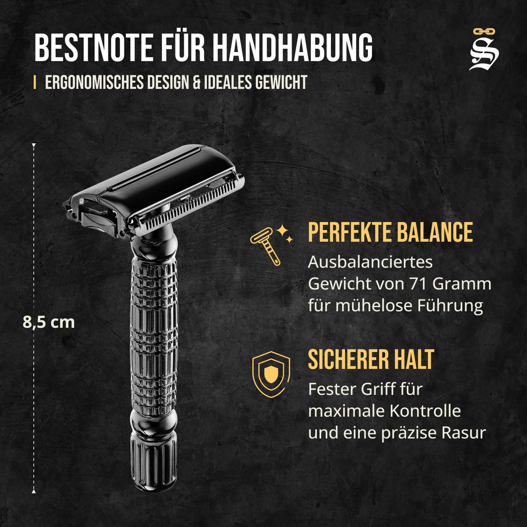 Störtebekker® Premium Rasierhobel im handgefertigten Leder-| Rasier-Set mit 10 Rasierklingen, Reise-
