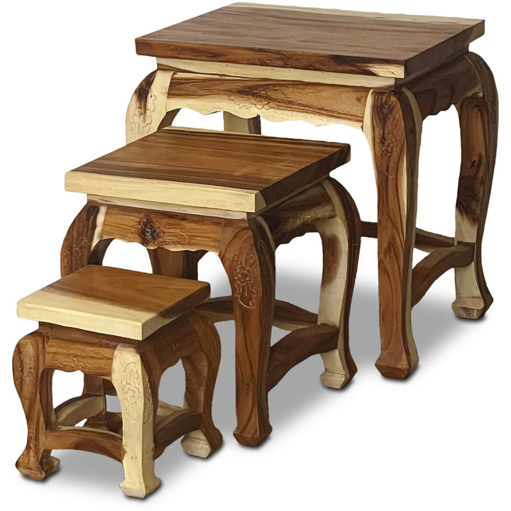 livasia Hoher Opiumtisch im 3er Set | Massivholz Beistelltisch | Asiatische Blumenhocker | Couchtisc