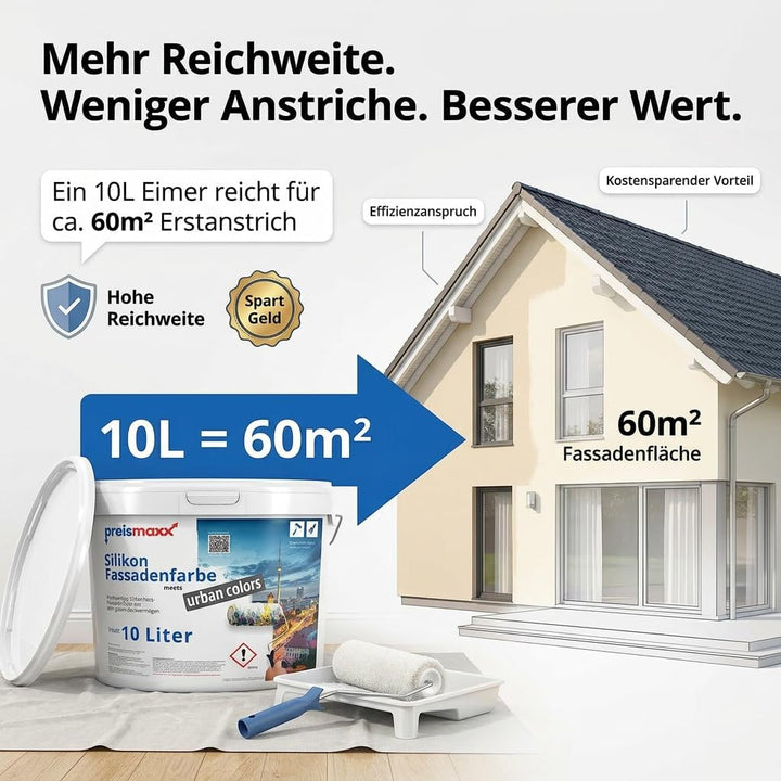 Preismaxx Silikonharz Fassadenfarbe, Cremefarben Beige 2,5 Liter, hochwertige, matte, wasserabweisen