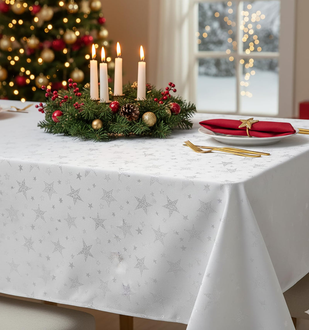 KAMACA Lotus Effekt Tischdecke Magic Stars mit Sternen Motiv - Fleckschutz Flüssigkeiten perlen einf