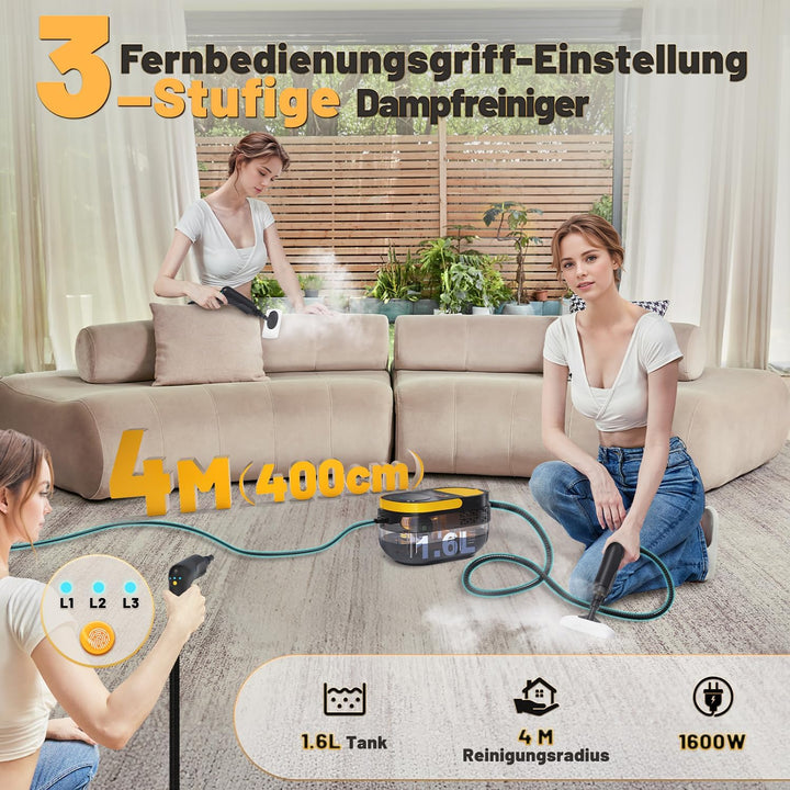Dampfreiniger 3 stufig verstellbarer Griff, 15 Sekunden Aufheizzeit, 1,6L Wassertank, Dampfreiniger