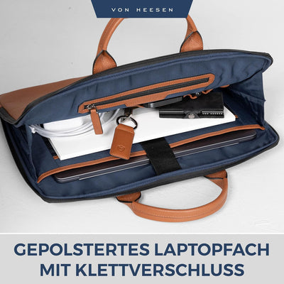 VON HEESEN Leder Aktentasche Laptoptasche bis 16 Zoll aus hochwertigem Nappa-Leder Cognac Braun, Cog