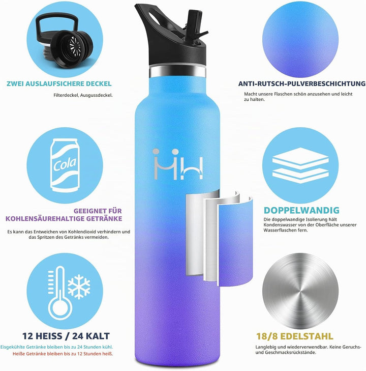 HoneyHolly Trinkflasche 1L, BPA-Frei, Trinkflasche Edelstahl, Thermosflasche, Auslaufsichere Isolier