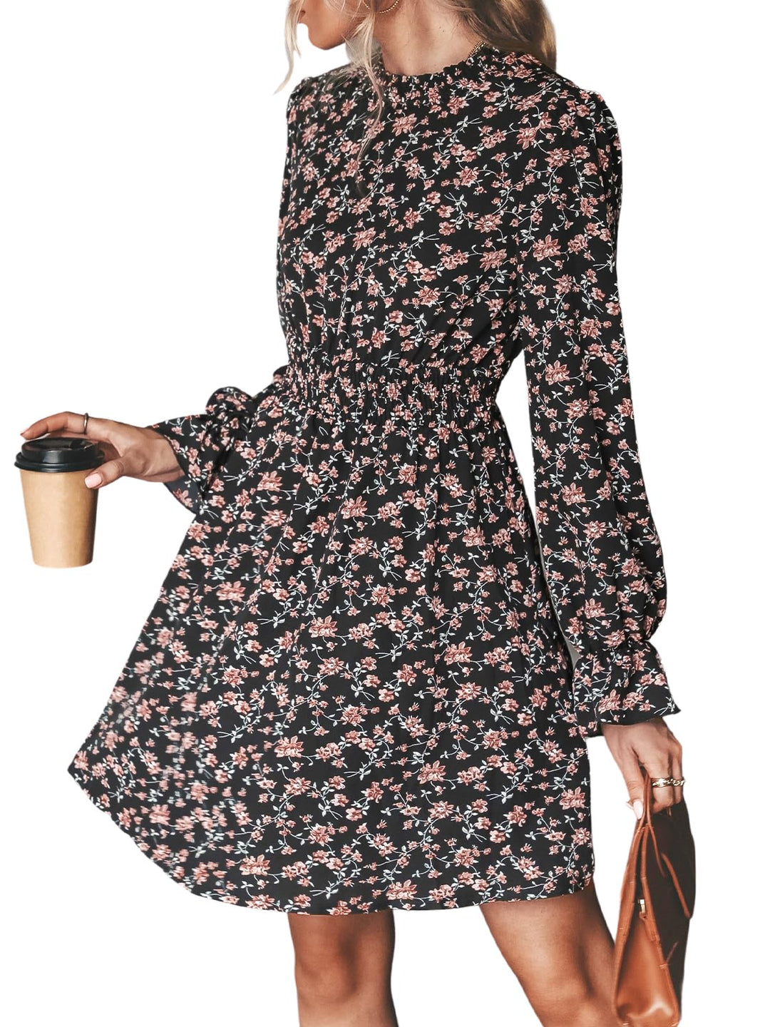 CUPSHE Damen Kleid High Neck Langarm Blumenmuster Kurzes Minikleid Freizeitkleider Party Tunika Dres