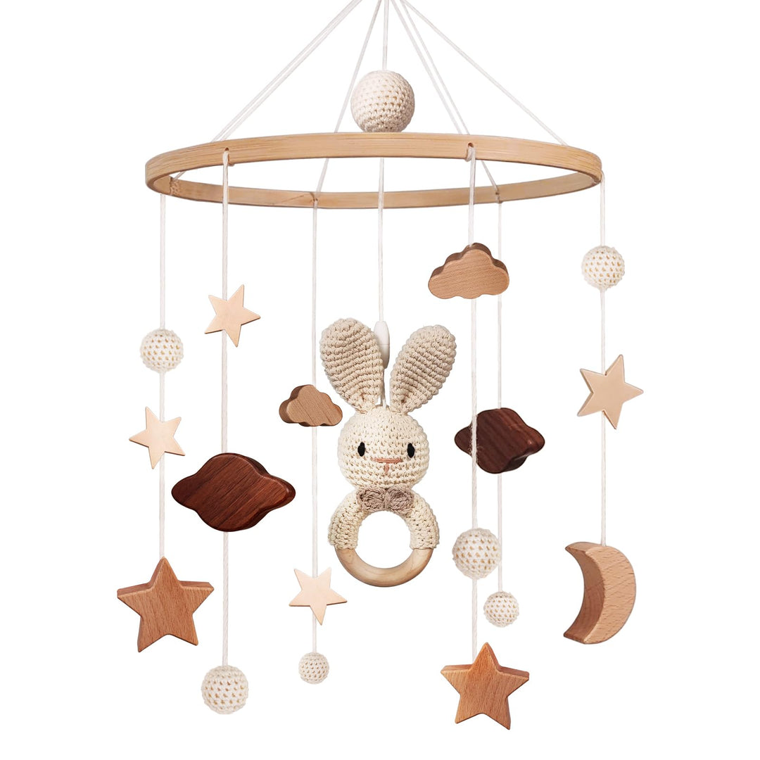 SWECOMZE Mobile Baby Holz Mobile Babybett Bettglocke Windspiel baby mit Wolken Sterne Abnehmbar Häke