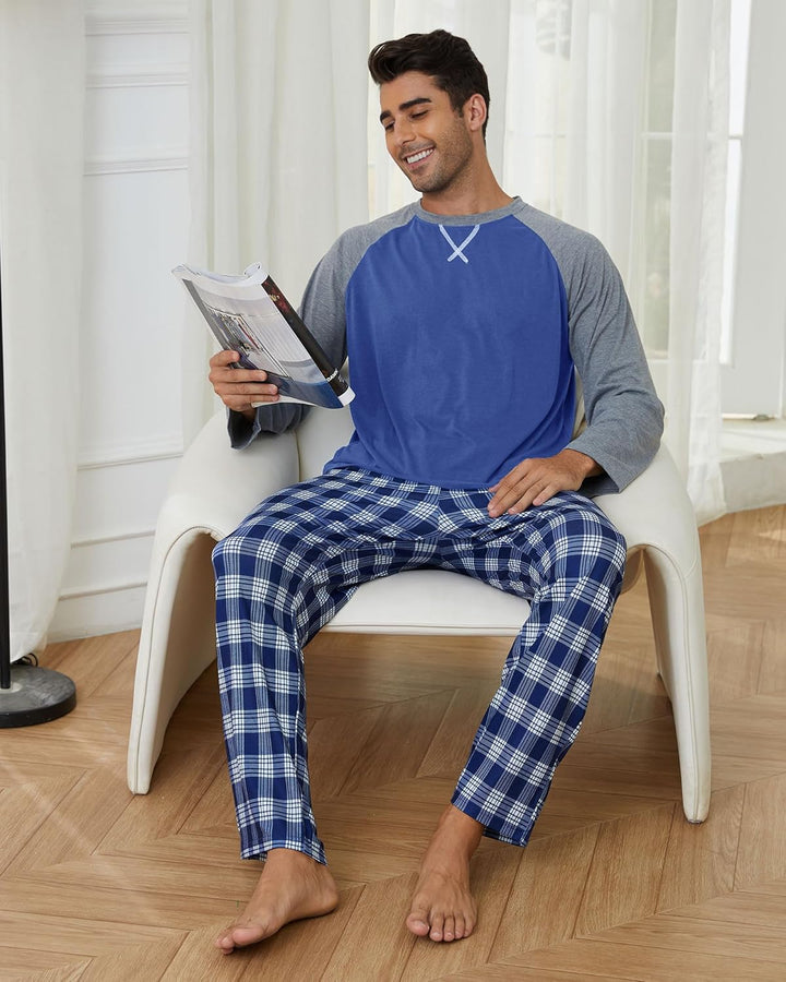 CheChury Herren Schlafanzug Lang Pyjama Rundhals Männer Langarm Oberteil und Karierte Schlafanzughos