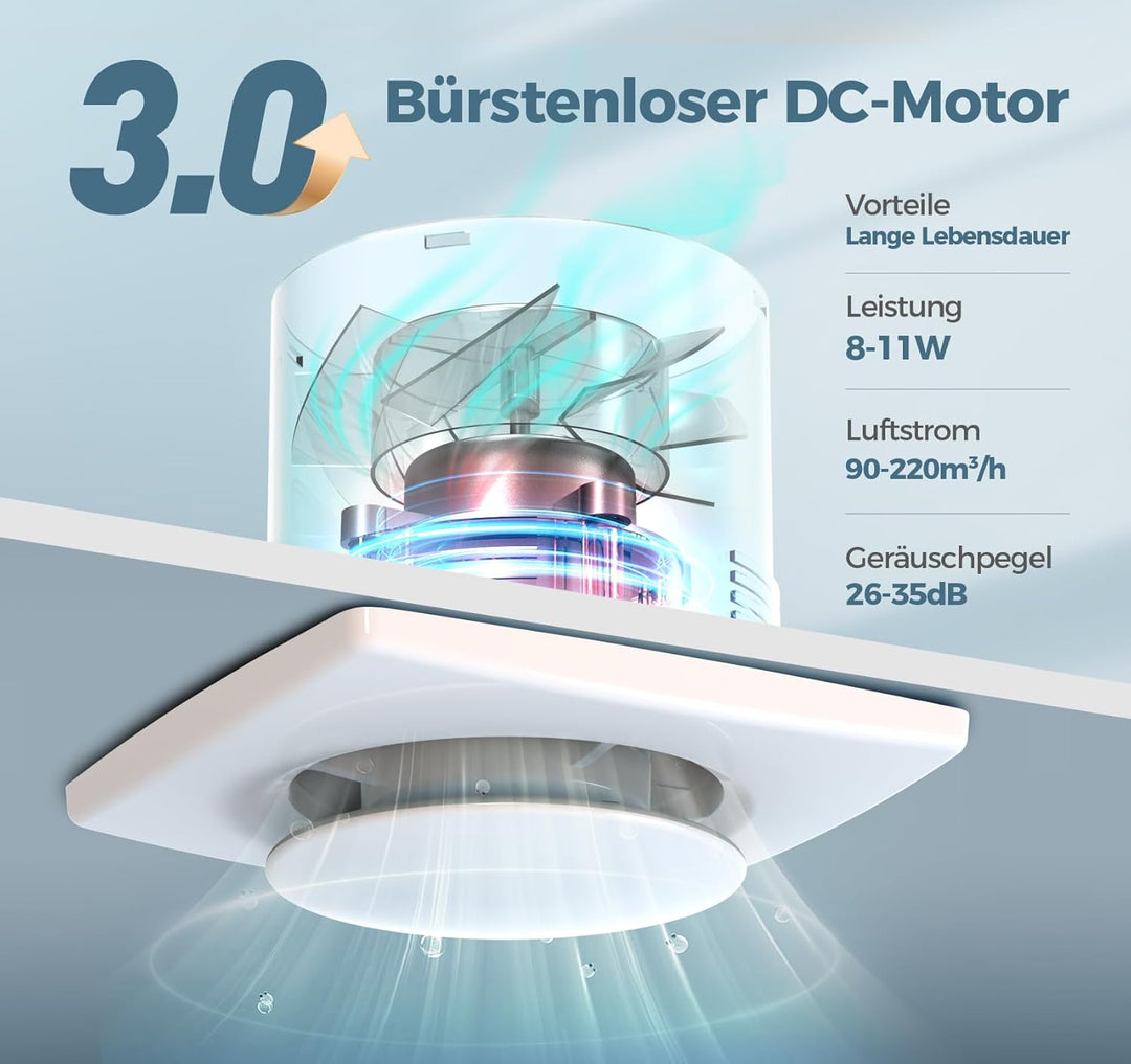 Abluftventilator 100mm mit Fernbedienung, 11 Lichtmodi, Bidirektional, 6 Geschwindigkeiten, Speicher