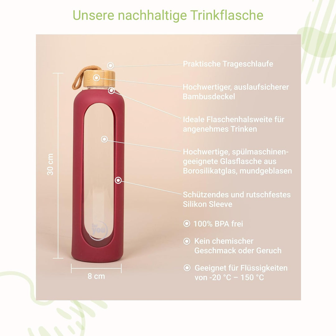for you Nachhaltige Trinkflasche | 1000ml aus Glas mit Silikonhülle &amp; spülmaschinenfest | 1Liter Aus