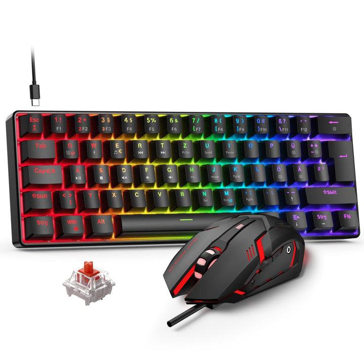 Gaming Tastatur und Maus Set, 60% QWERTZ Layout Mini Mechanische Tastatur mit RGB Beleuchtete, Red S